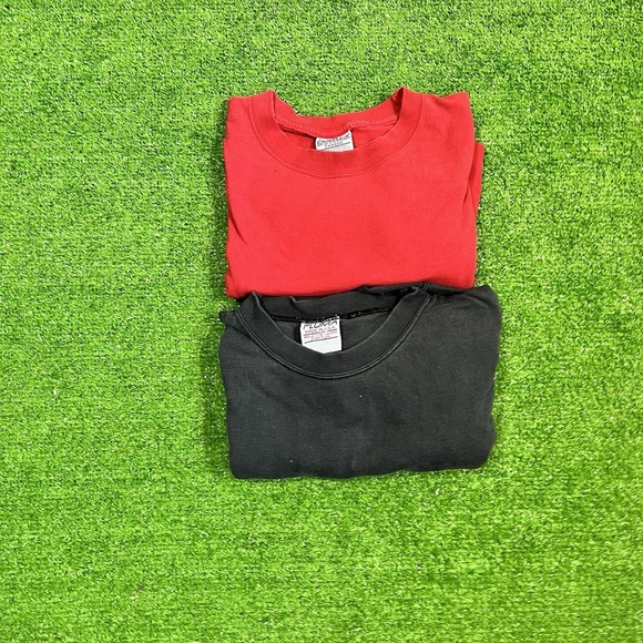 Vintage Single Stitch Heavy Cotton T-shirts (2) LG 90s Pluma Red & Black Solid - Picture 1 of 12